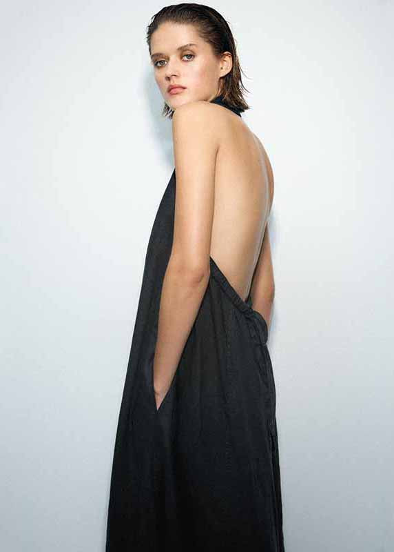 French Black Backless Button Lace Up Linen Long Dresses Sleeveless Summer