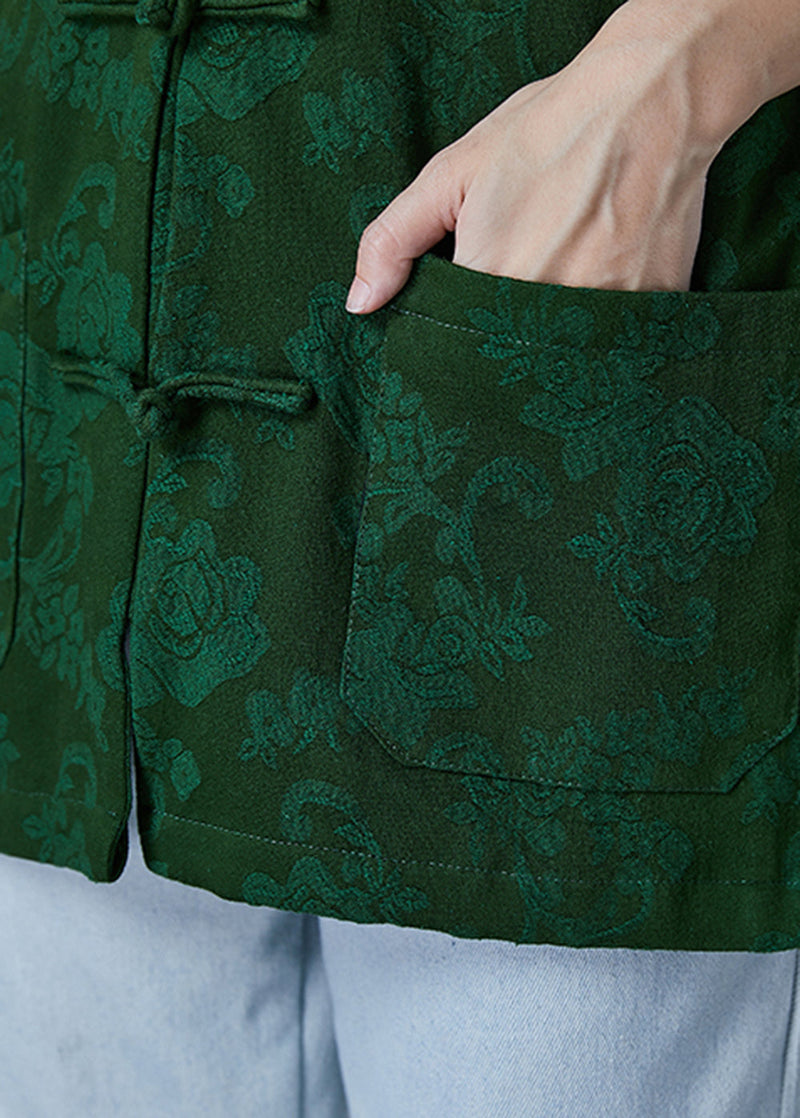Green Jacquard Chinese Button Cotton Coats Fall