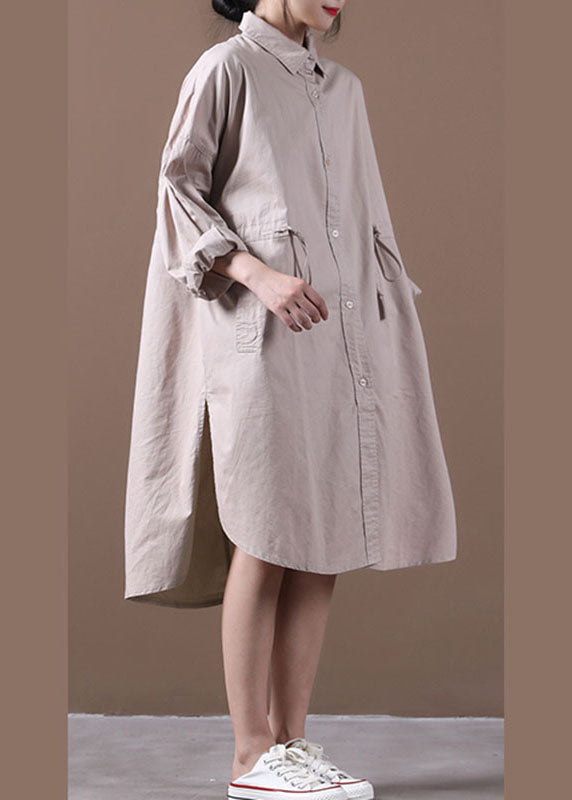 Loose Khaki Peterpan Collar Tie Waist Button Fall Long Sleeve Tops