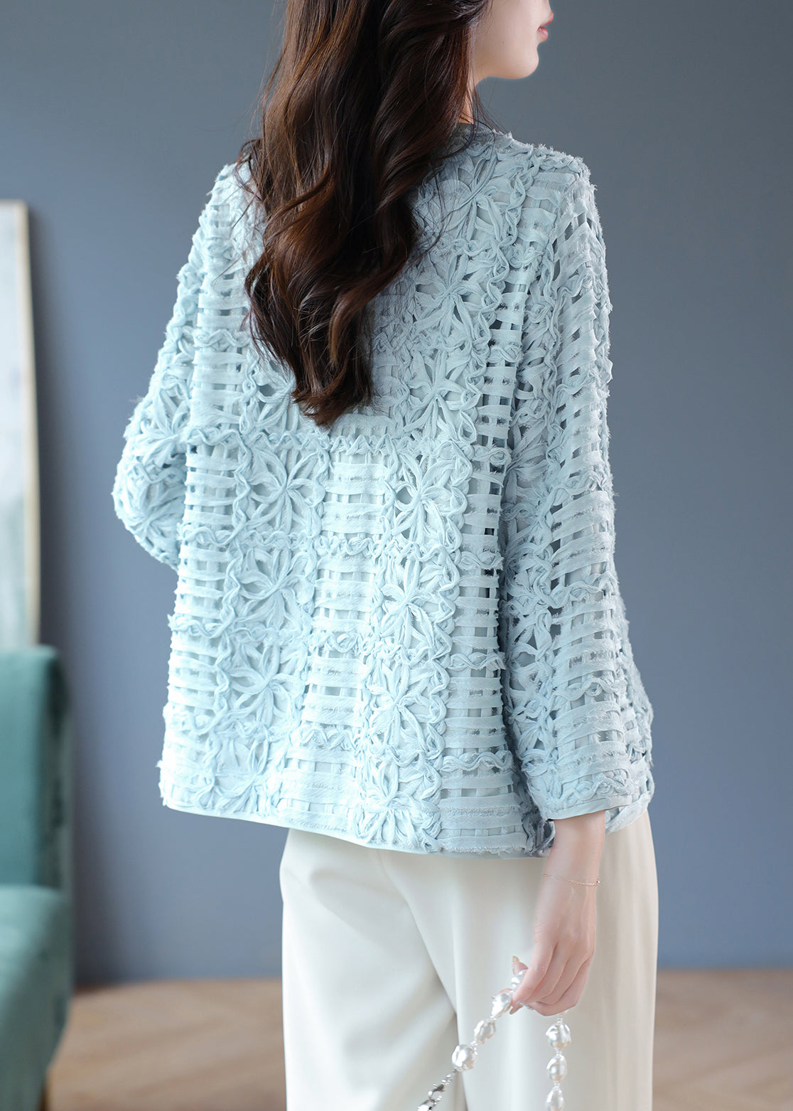 Blue Lace Patchwork Hollow Out Cardigans Long Sleeve