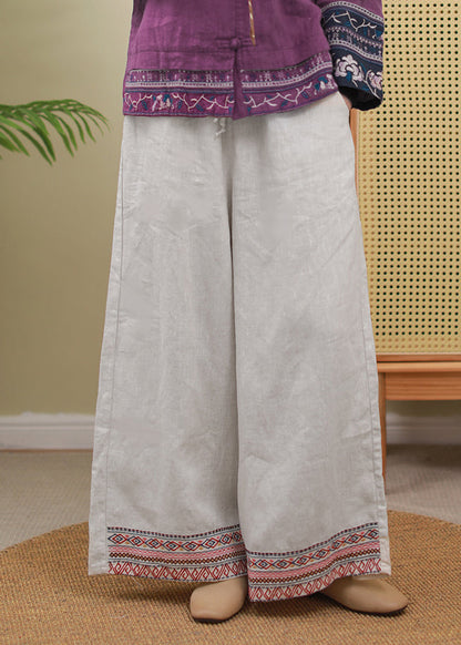 Boutique Linen Colour Elastic Waist Drawstring Embroideried Pockets Linen Pants Spring