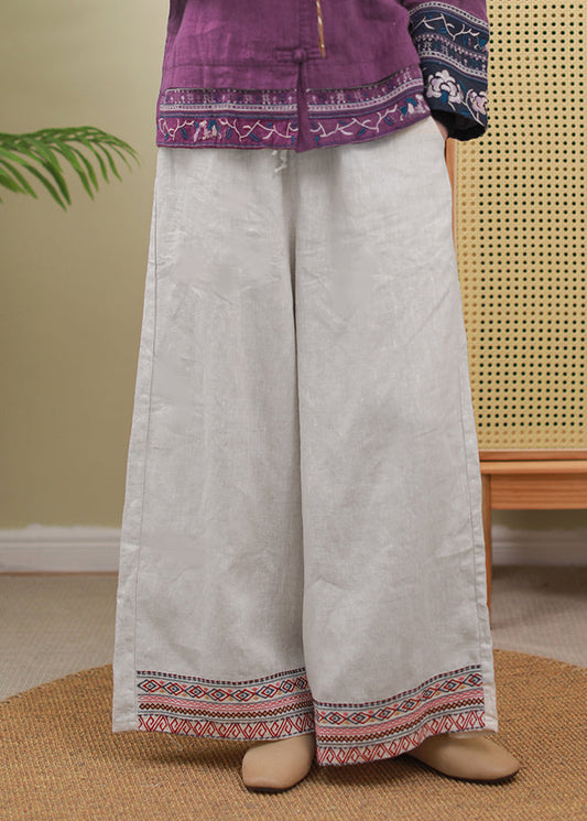Boutique Linen Colour Elastic Waist Drawstring Embroideried Pockets Linen Pants Spring