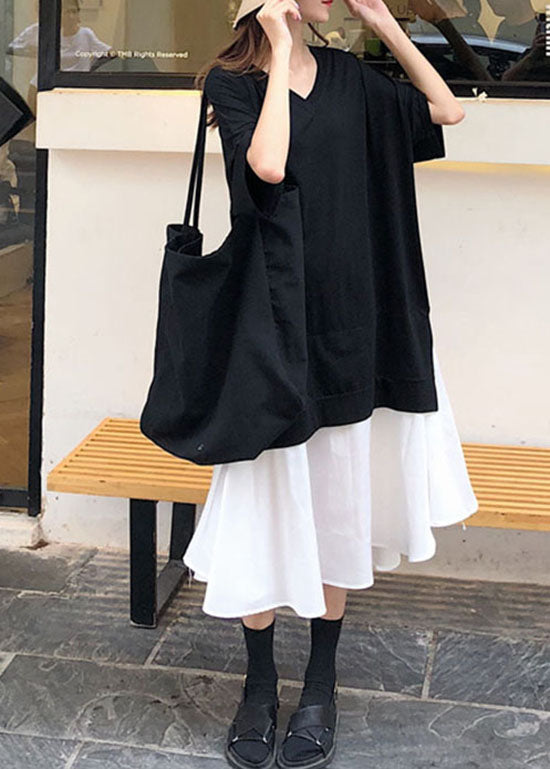 Black V Neck Patchwork Cotton Dress Short Sleeve