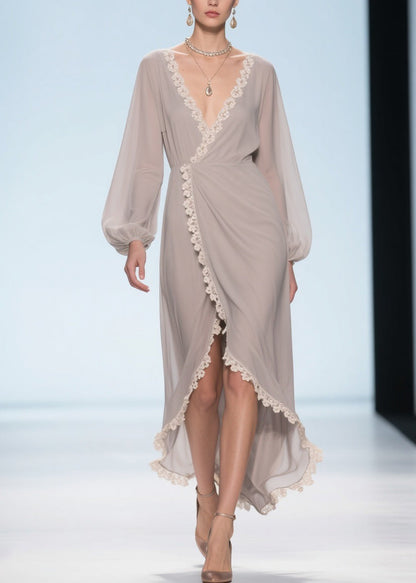 Apricot Lace Low High Design Chiffon Maxi Dresses