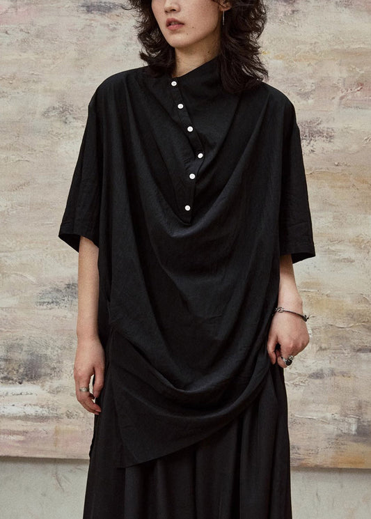 Black Stand Collar Button Cotton Blouses Half Sleeve