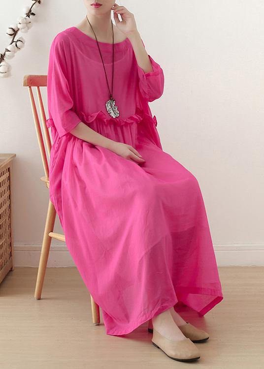 Rose O-neck Ruffled Long Dress Summer Chiffon Dress