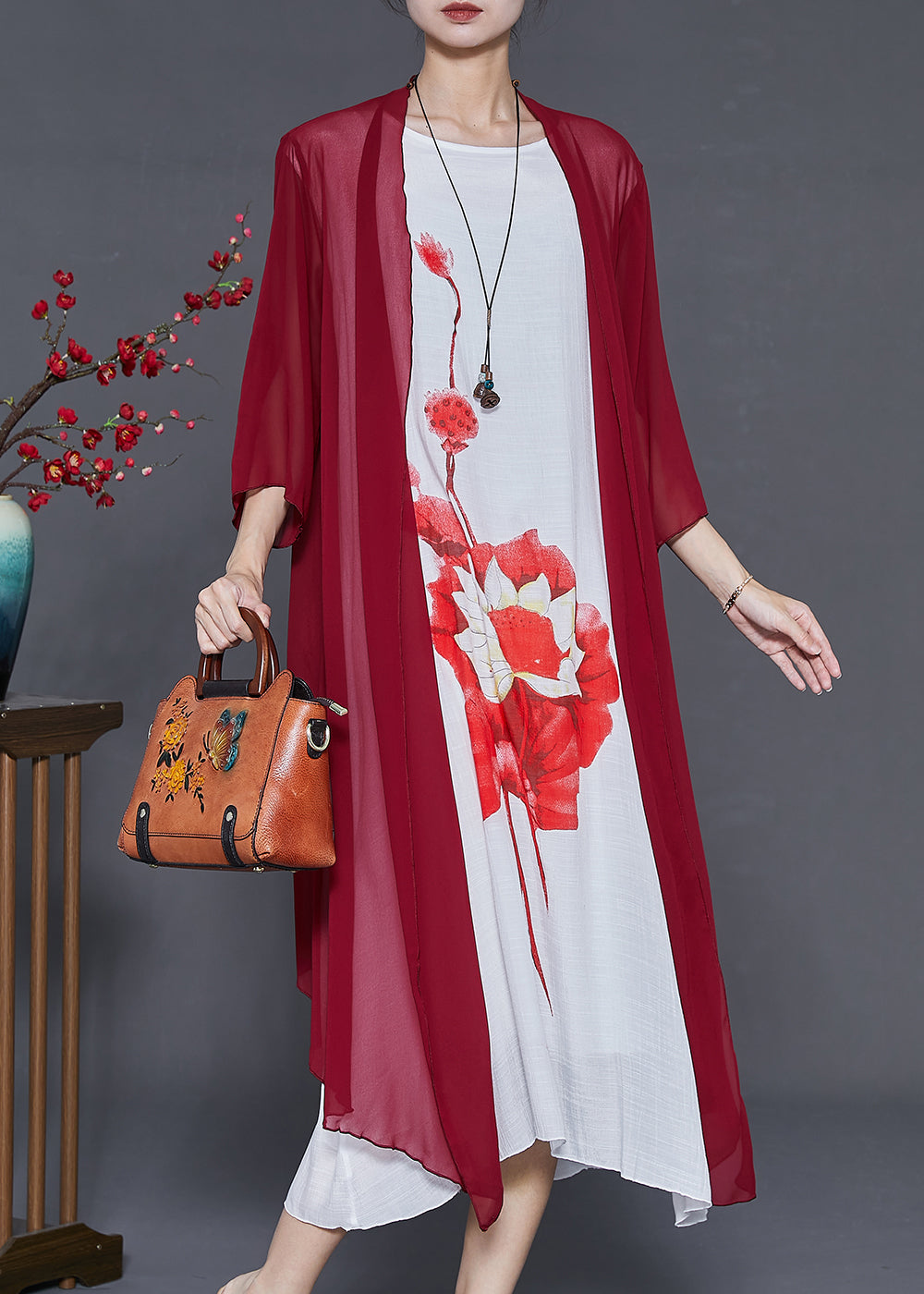 Mulberry Print Chiffon Cardigan and Dress Two Pieces Set Summer