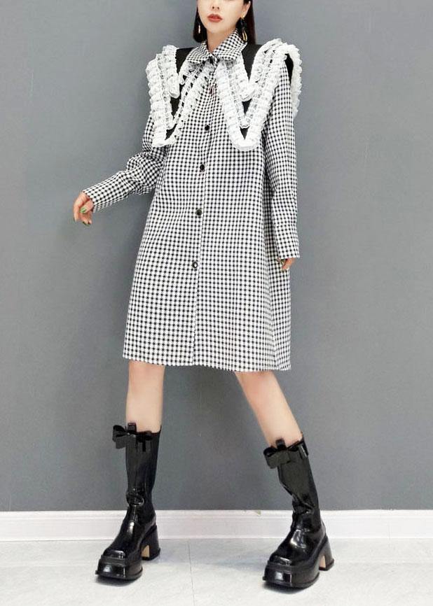 Italian Grey Plaid Peterpan Collar Button Dresses Fall Long Sleeve