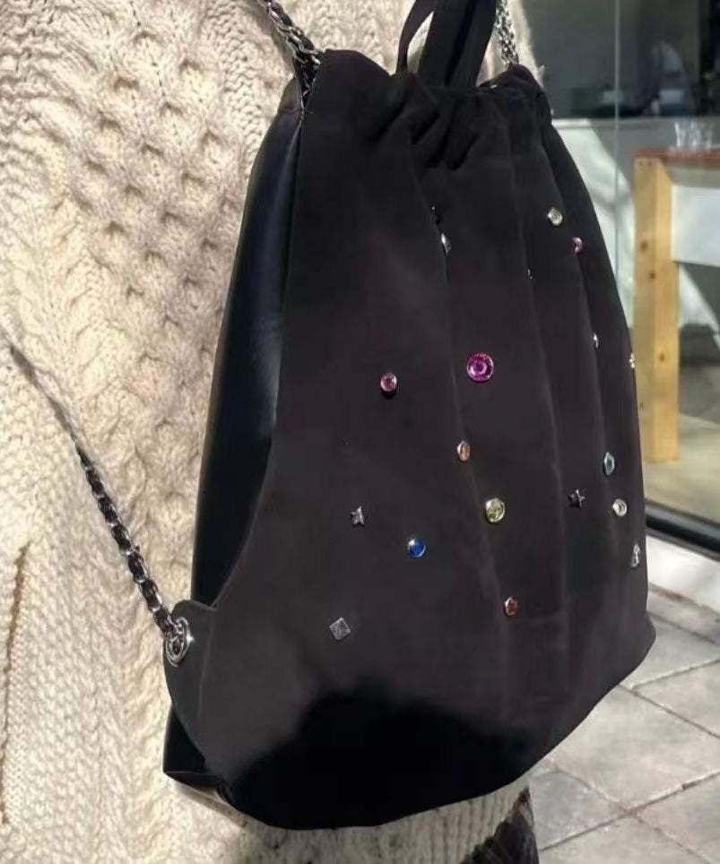 Black Velour Gem Stone Patchwork Faux Leather Backpack Bag