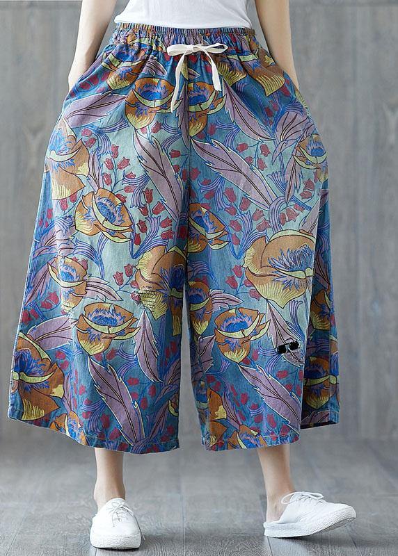 Blue Pockets Print Tie Waist Fall Wide Leg Pants