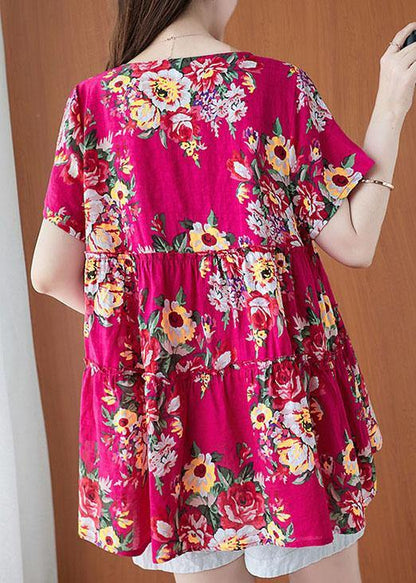 Rose Print Cinched Cotton Linen Blouses Summer