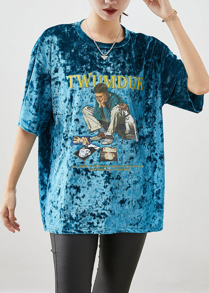Green Print Silk Velour Pullover Oversized Short Sleeve