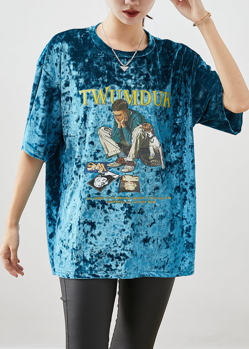 Green Print Silk Velour Pullover Oversized Short Sleeve