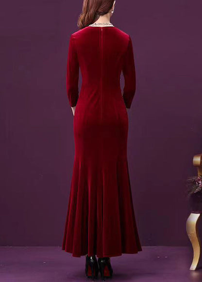 Wine Red Zircon Patchwork Silk Velour Fishtail Skirt Dress Half Sleeve