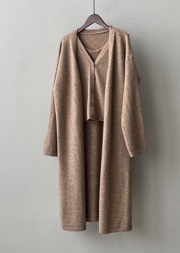Grey Button Knit Two Pieces Set V Neck Tank and Cardigan Fall