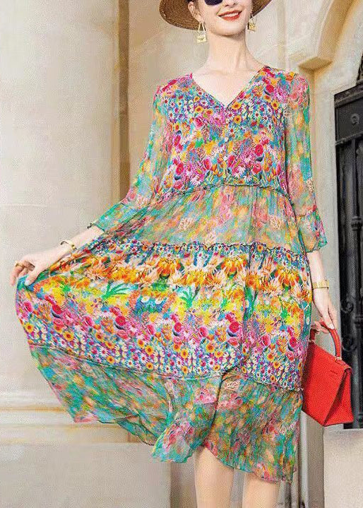 Colorblock V Neck Print Patchwork Chiffon Dresses Bracelet Sleeve