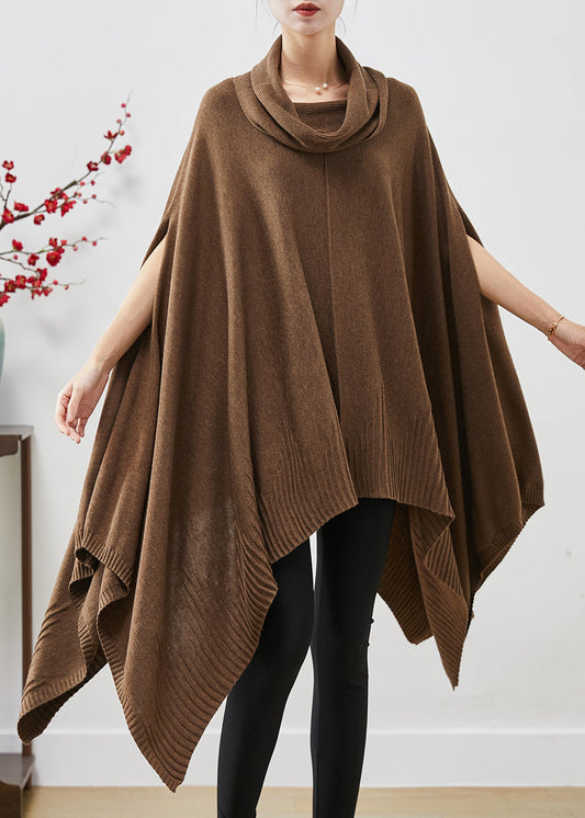 Brown Turtle Neck Asymmetrical Exra Large Hem Knit Sweater Dress Cloak Sleeves
