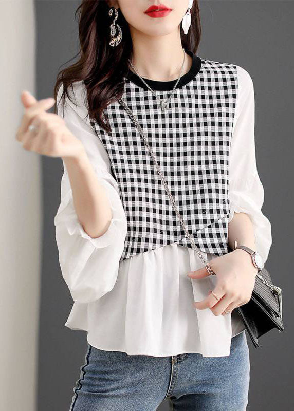Plaid Patchwork Lantern Sleeve Top Spring