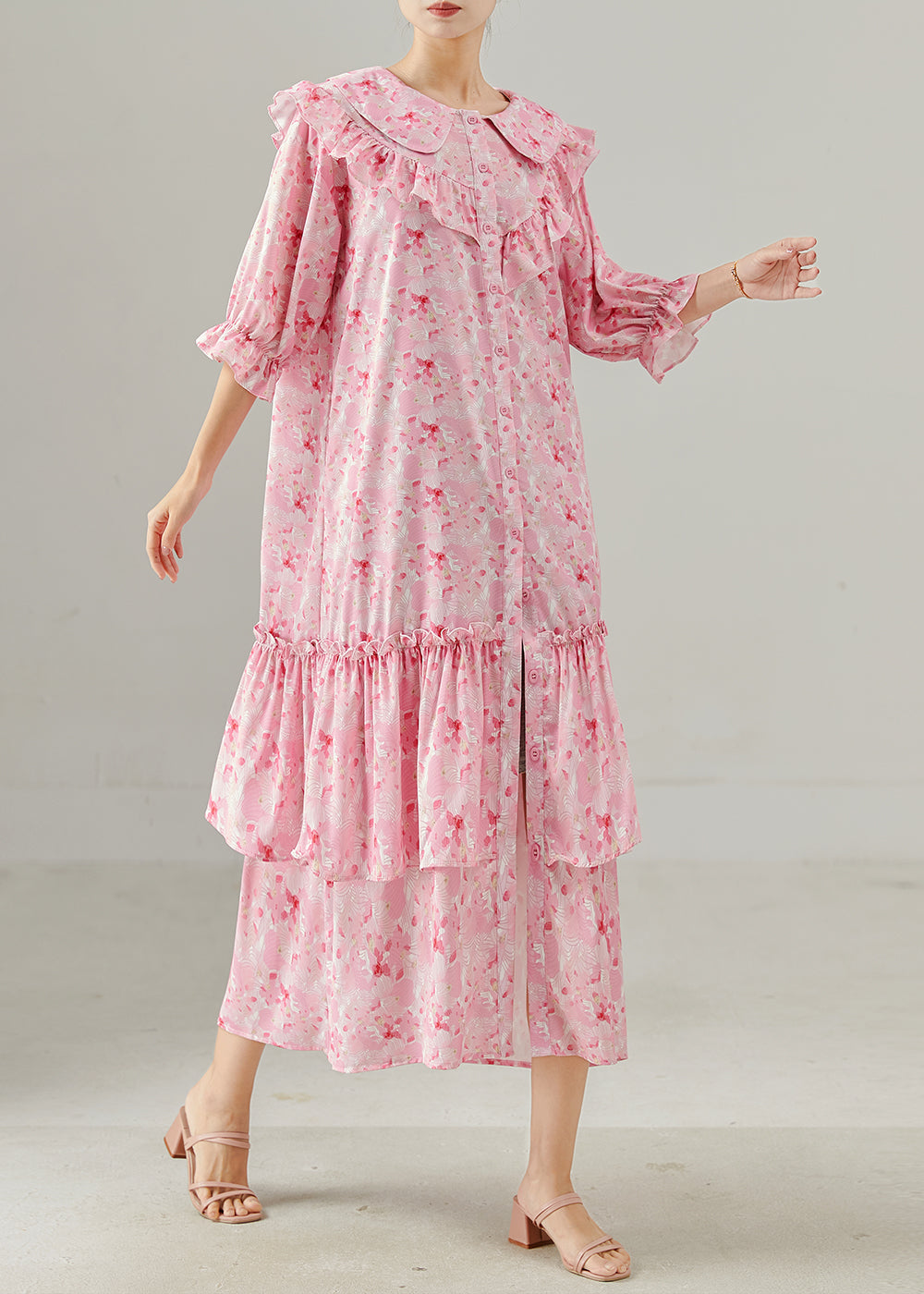 Pink Ruffled Print Chiffon Dress Spring