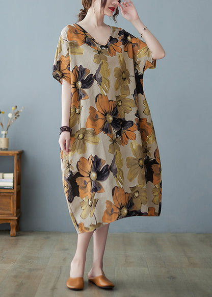 Khaki V Neck Print Long Dress Short Sleeve