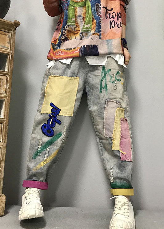 Light Blue Patch Applique Denim Pants Spring