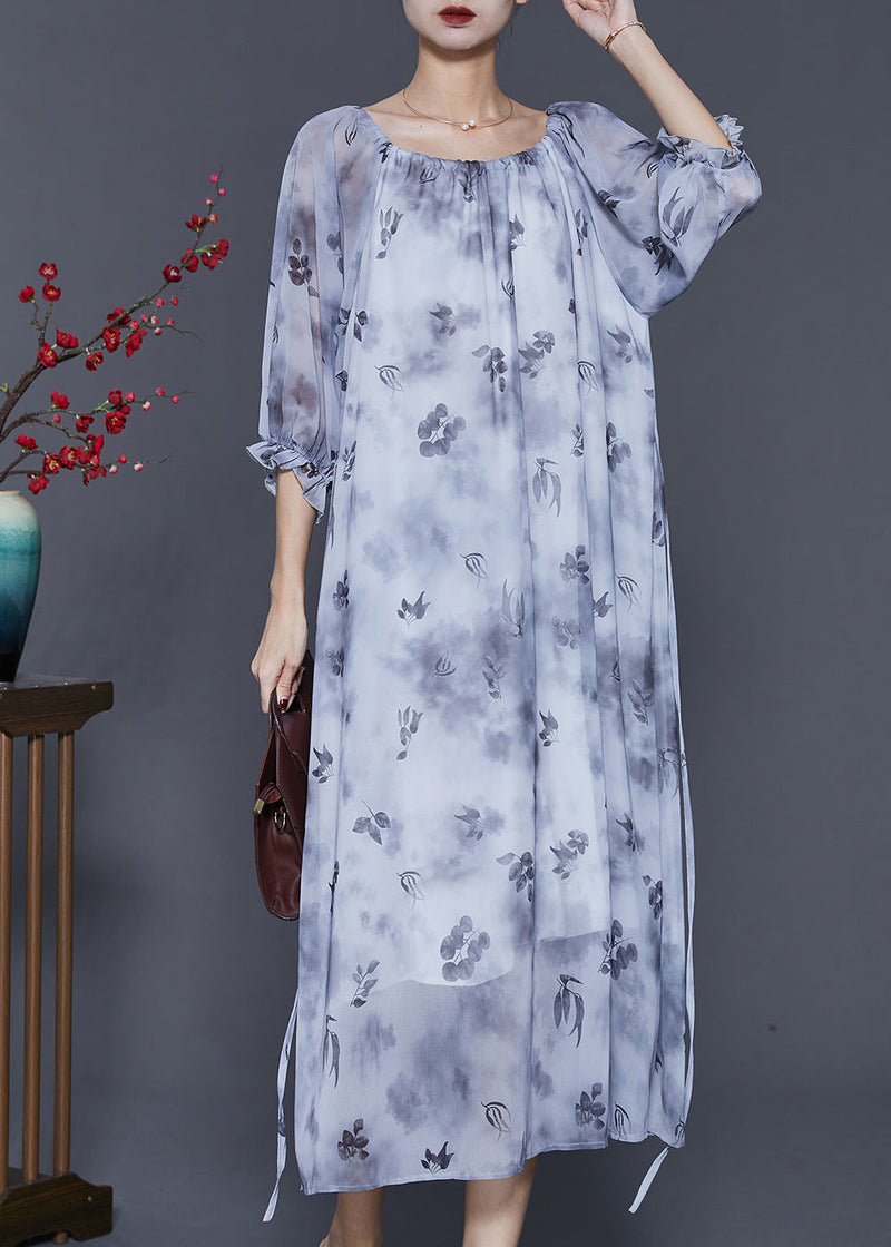 Grey Print Tie Dye Chiffon Long Dress Half Sleeve