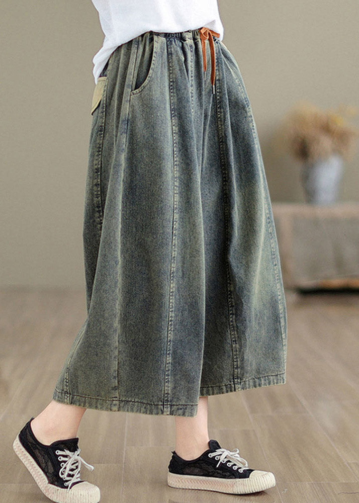 Chinese Style Blue Tie Waist Patchwork Crop Jeans