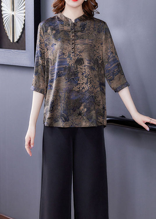 Blue Patchwork Print Button Silk Blouse Tops Summer