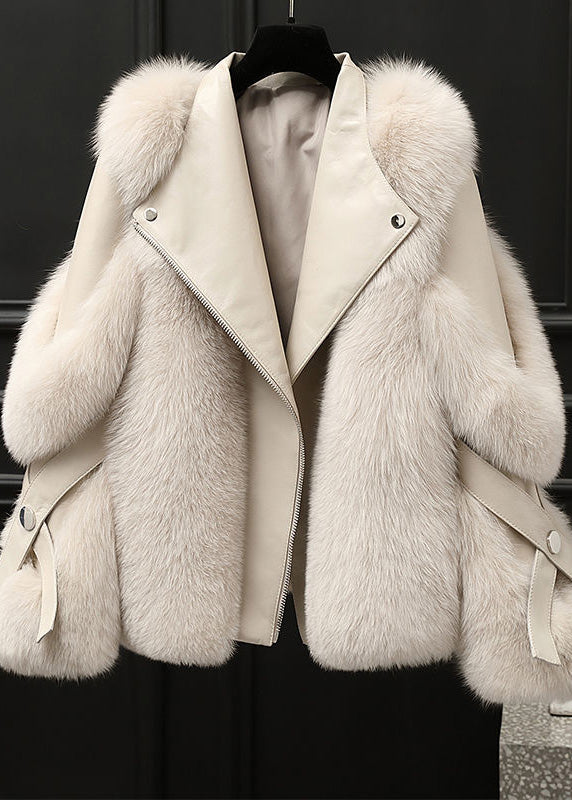 Beige Fox Collar Button Leather and Faux Fur Coats Winter