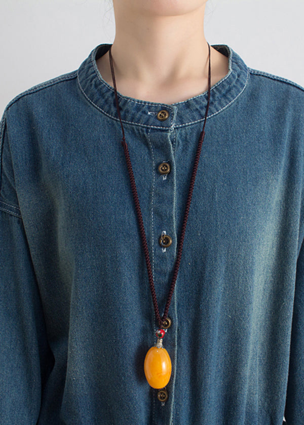Blue O-neck Button Cotton Denim Jumpsuit Long Sleeve