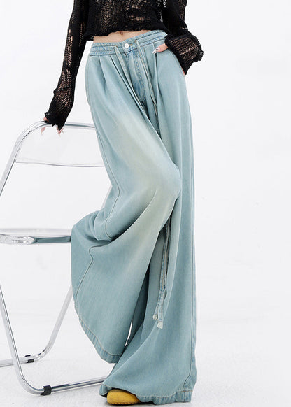 French Blue Lace Up Pockets Denim Wide Leg Pants Spring