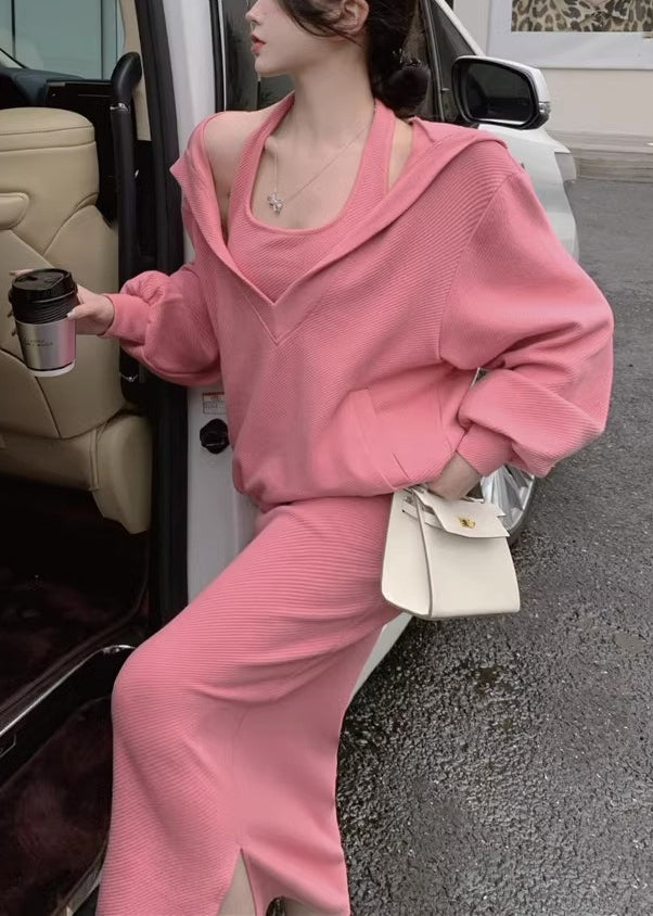 Loose Pink Hooded Pockets Tops and Dress Cotton Two Pieces Set Spring