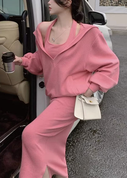 Loose Pink Hooded Pockets Tops and Dress Cotton Two Pieces Set Spring