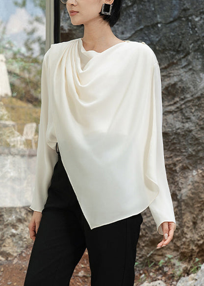 Apricot Asymmetrical Wrinkled Cotton Shirts O-neck