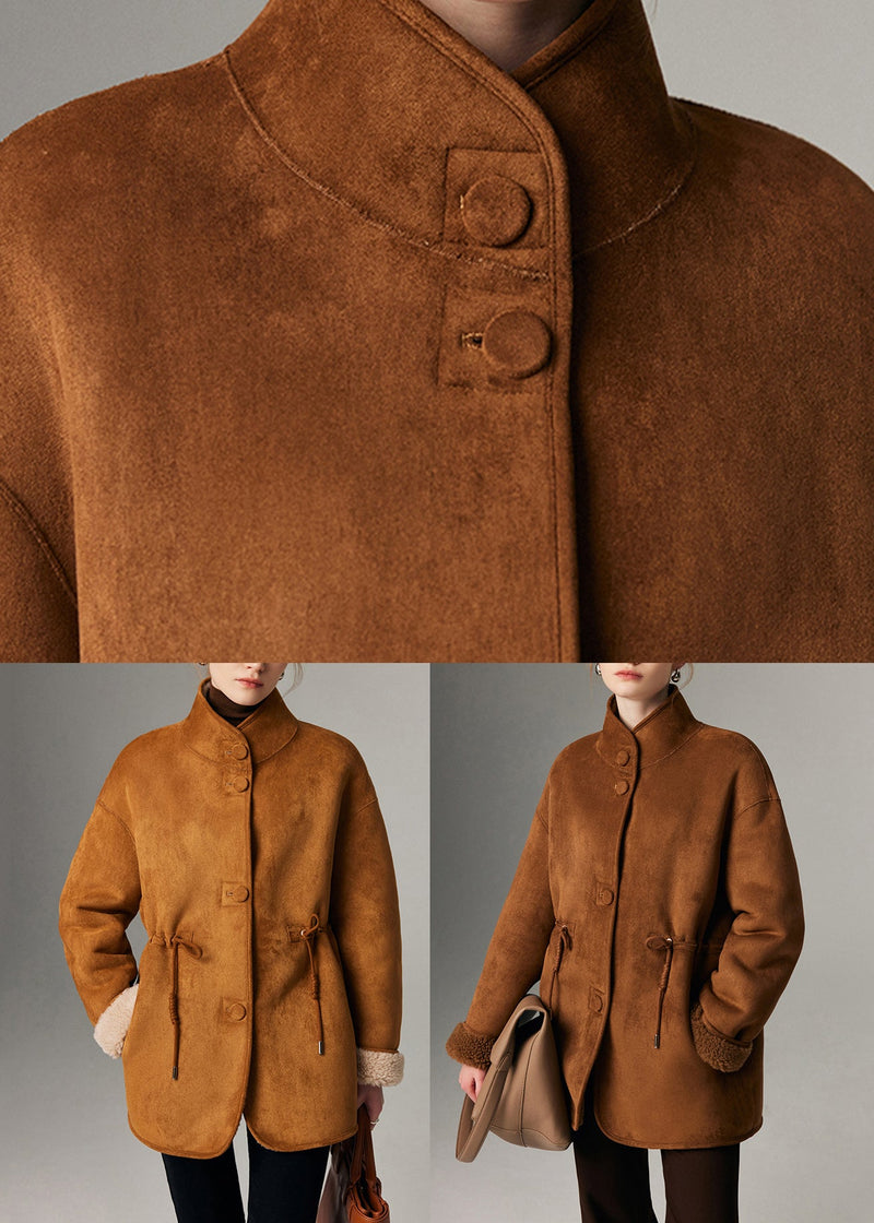 Fine Coffee Stand Collar Pockets Fleece Wool Leather and Fur Lined Coat Winter