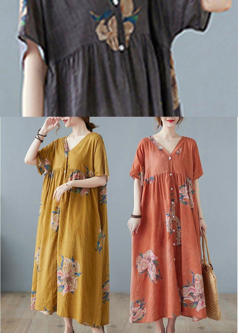 Black Flower Retro Button Summer Print Half Sleeve Maxi Dress