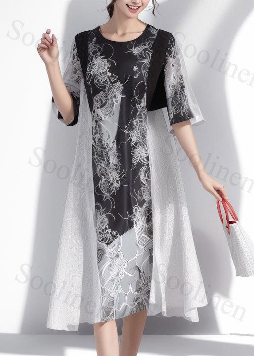 New Black Print Patchwork Silk Long Dresses Half Sleeve