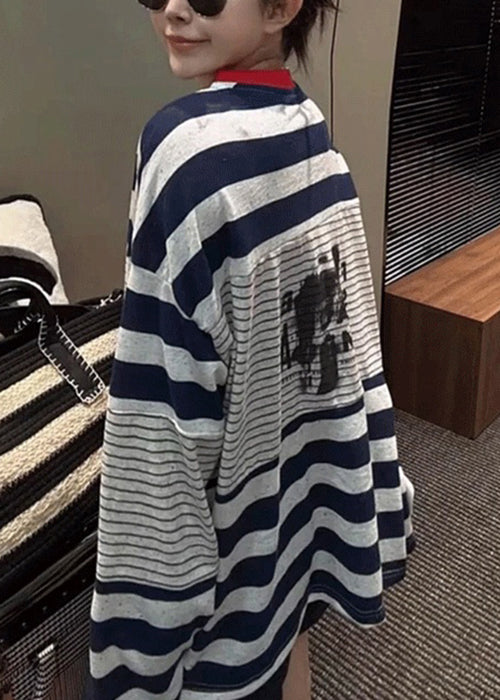 Striped Print Patchwork Cotton T Shirt Tops Fall