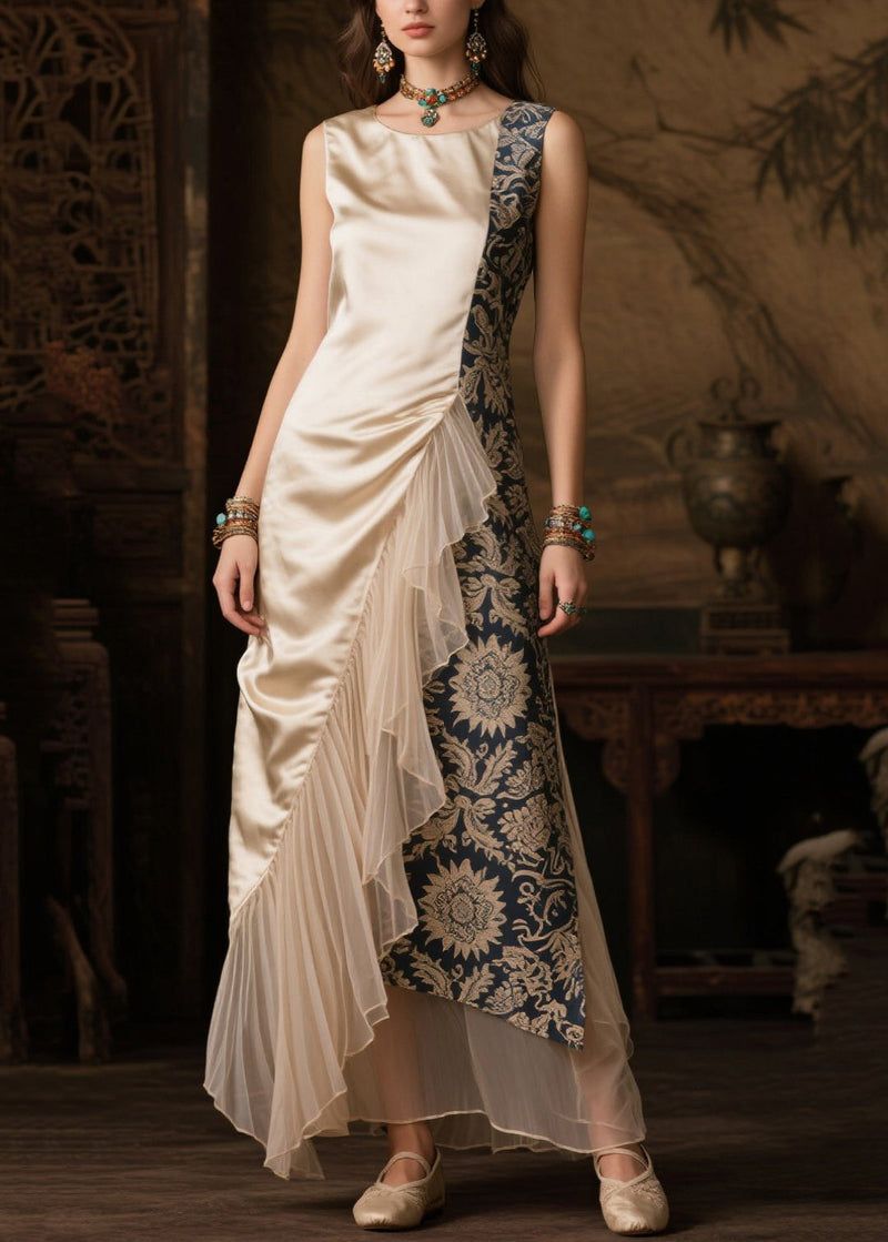 Champagne Asymmetrical Tulle Patchwork Silk Robe Dresses Summer