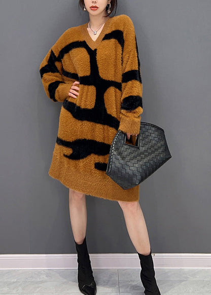 Orange V Neck Patchwork Mink Velour Maxi Dress Fall