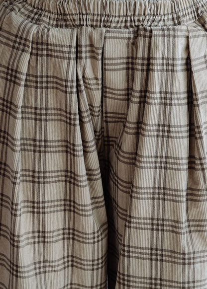 Boutique Beige Elastic Waist Plaid Cotton Pants Spring