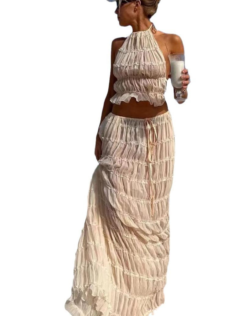 Apricot Backless Wrinkled Halter Two Piece Set