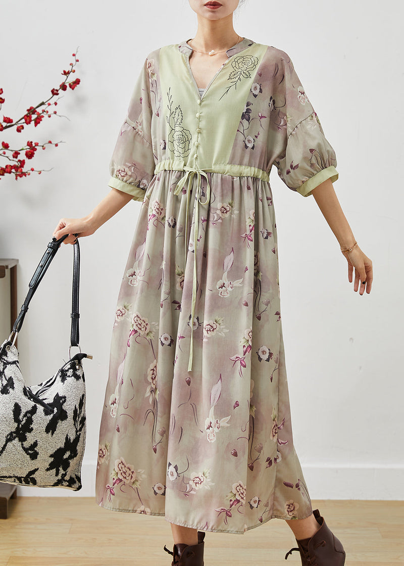 Khaki Print Patchwork Linen Cinched Dress Summer