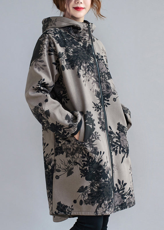 Charcoal Grey Hooded Print Pockets Patchwork Thick Coats Fall
