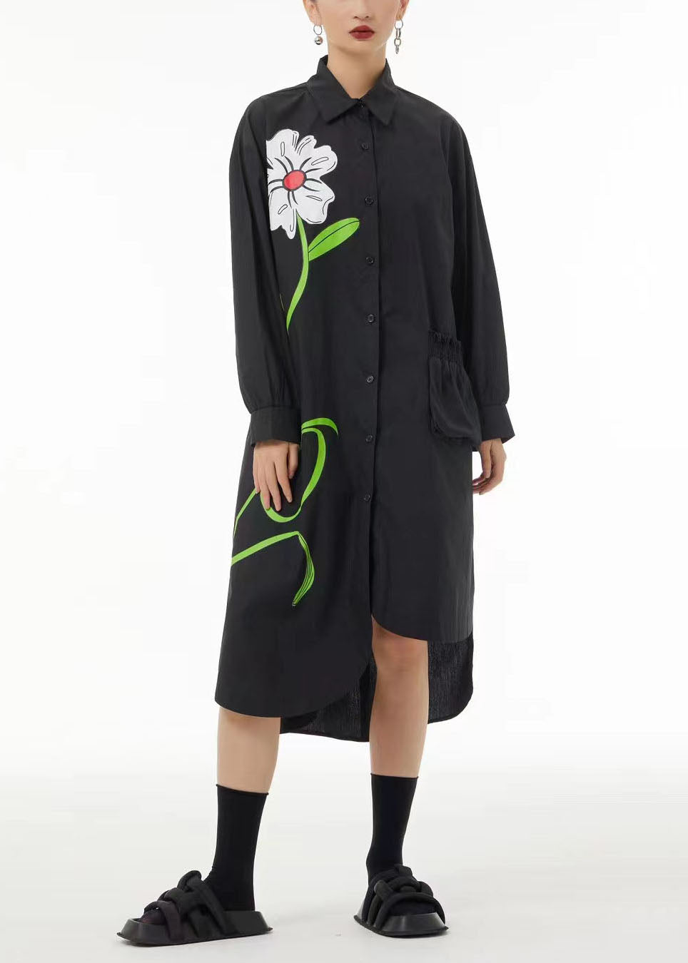 Stylish Black Asymmetrical Pocket Cotton Vacation Dresses Spring