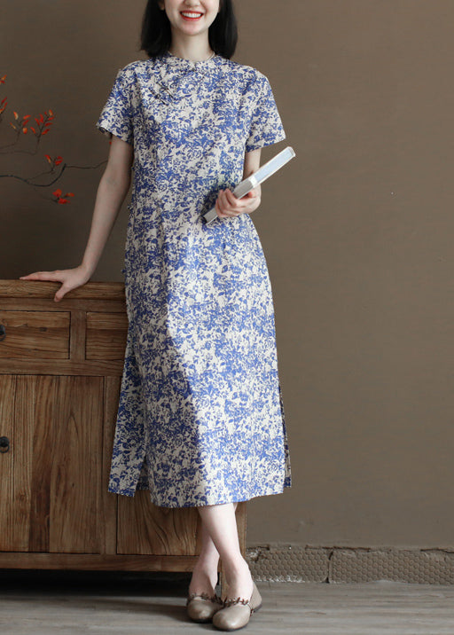 Blue Stand Collar Print Side Open Cotton Long Dress Short Sleeve