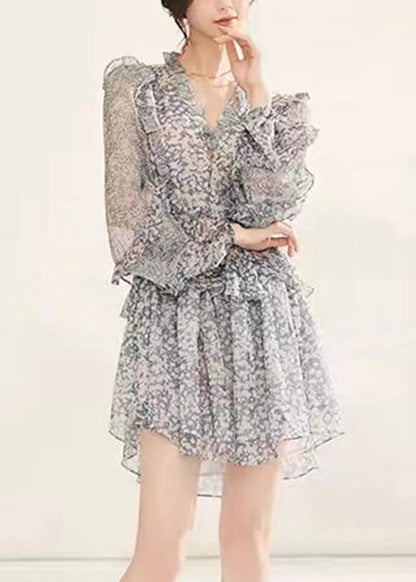French Light Grey V Neck Ruffled Print Chiffon Mid Dress Fall