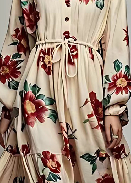 Khaki V Neck Lace Up Print Cotton Maxi Dress Long Sleeve