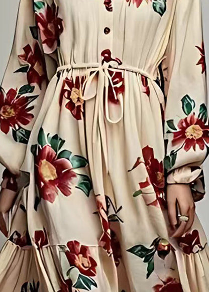 Khaki V Neck Lace Up Print Cotton Maxi Dress Long Sleeve