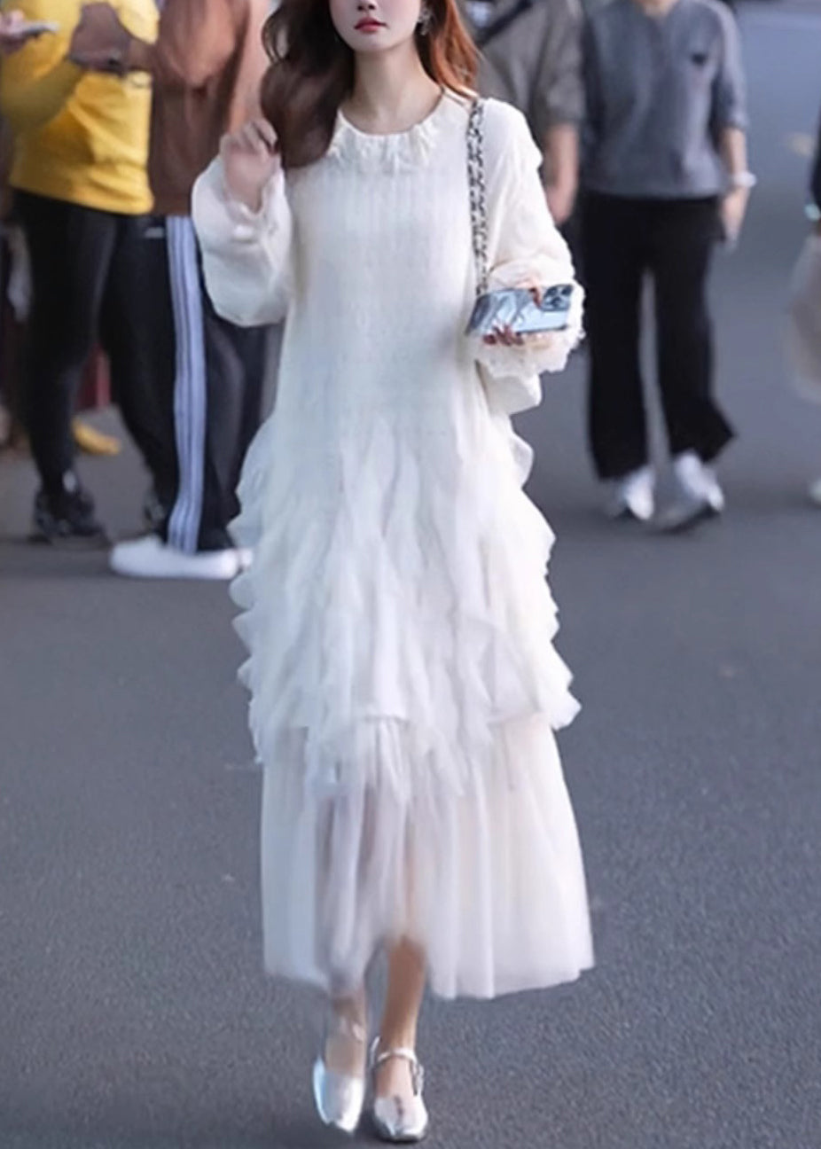 White Tulle Patchwork Maxi Dresses Butterfly Sleeve
